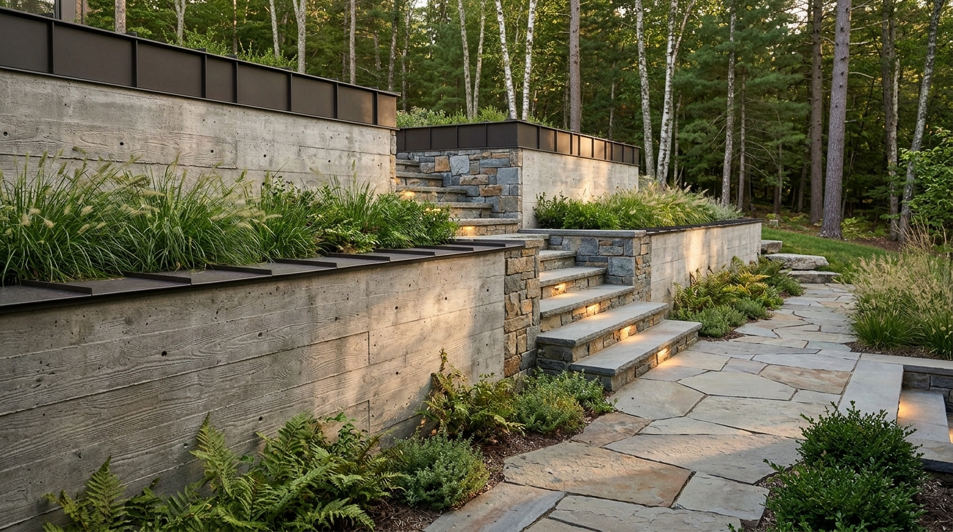 Board-formed architectural concrete retaining walls and hand-cut Pennsylvania bluestone masonry
