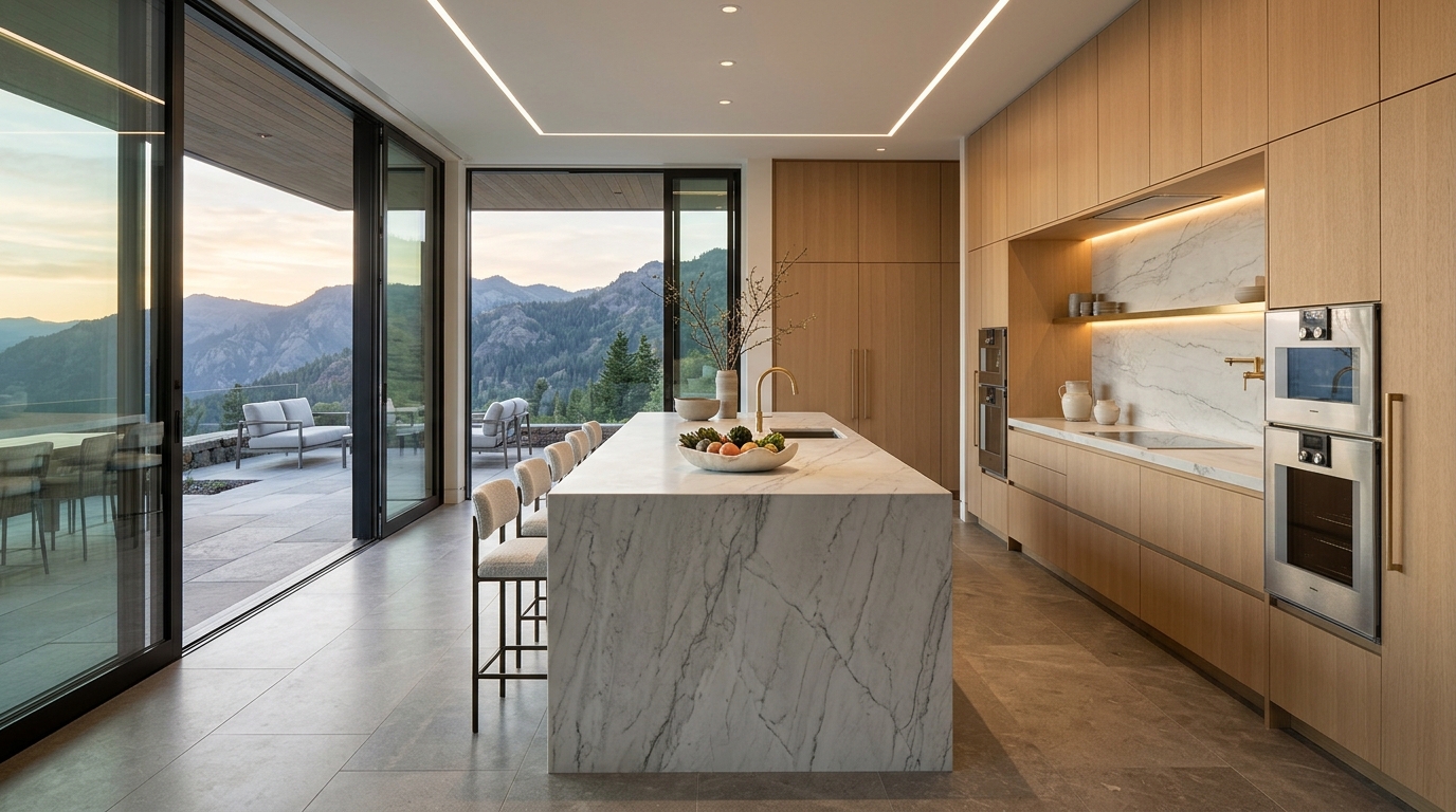 Ultra-luxury modern minimalist chef's kitchen with 14-foot quartzite waterfall island and rift-cut white oak cabinetry