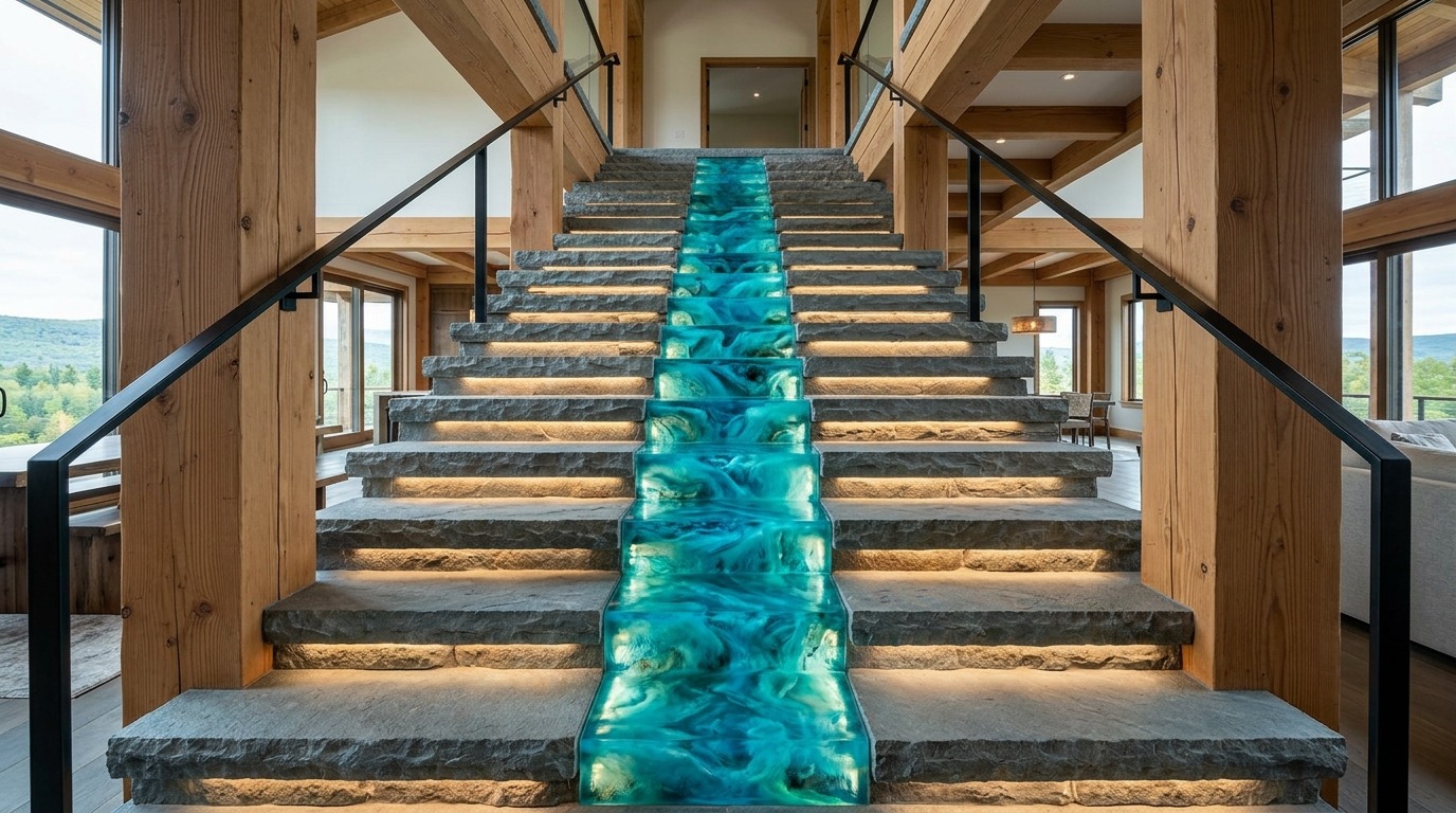 Master architectural board of grand illuminated staircase with technical cutaways: Step Edge Channel, Sculpted Spout, Landing Pool, Aquifer Cavern, Terminal Delta, and Plan View