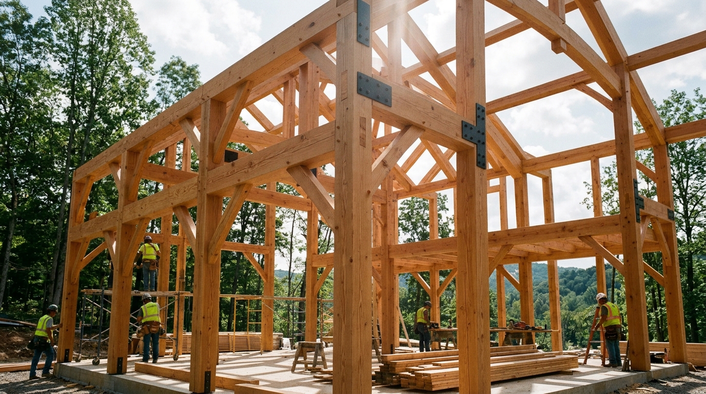 Heavy-timber Douglas fir structural framing with traditional mortise-and-tenon joinery on custom build