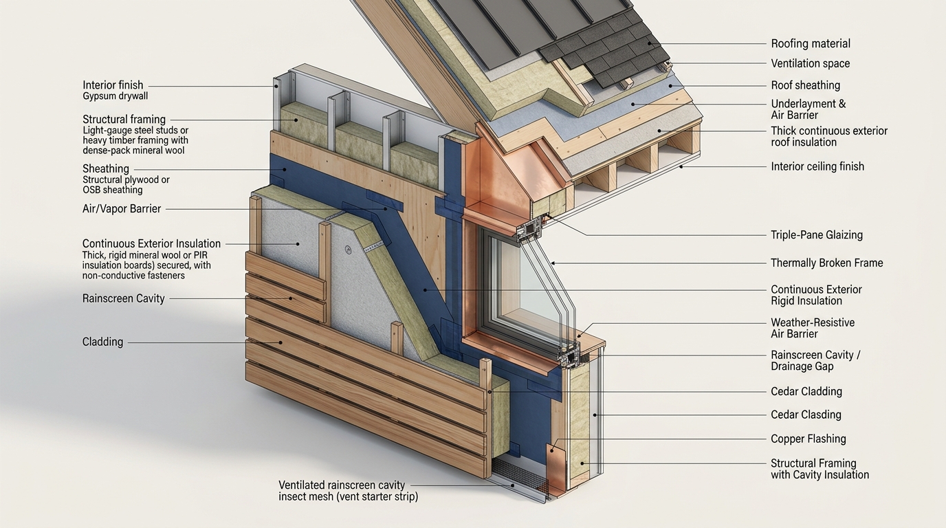 Architectural 3D isometric cutaway diagram of high-performance building envelope wall and roof assembly