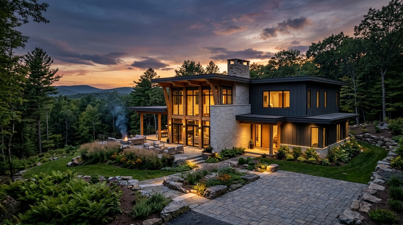 Bespoke modern luxury mountain residence in the Pocono Mountains at dusk with timber post-and-beam architecture and double-height glowing glass wall