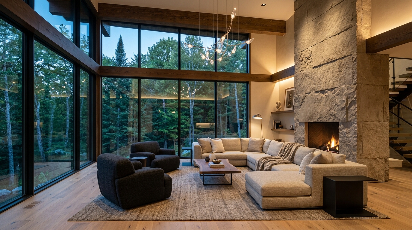Soaring double-height timber great room with architectural limestone fireplace and floor-to-ceiling glass