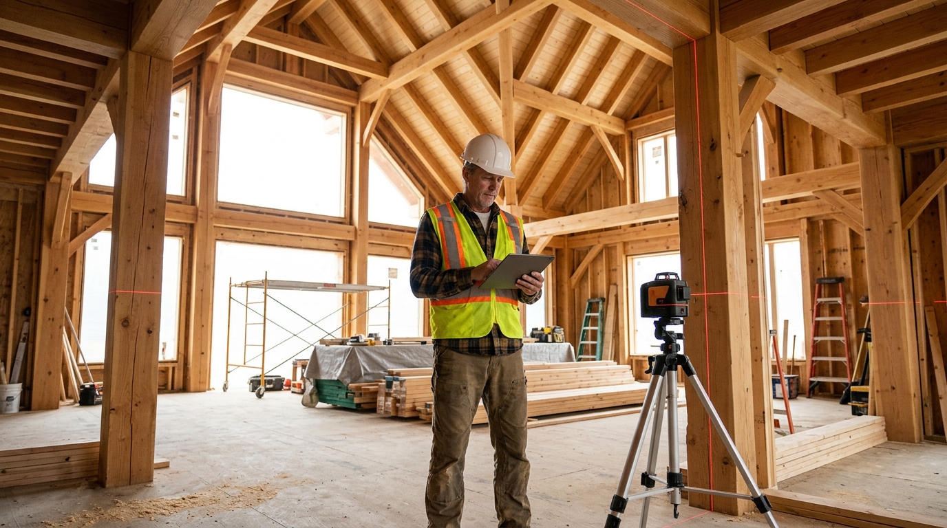 AJ Maloney conducting on-site digital blueprint inspection with laser alignment tool