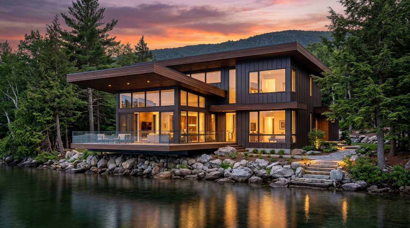 Modern luxury lakefront residence on Lake Wallenpaupack with cantilevered cedar deck floating over shoreline at sunset