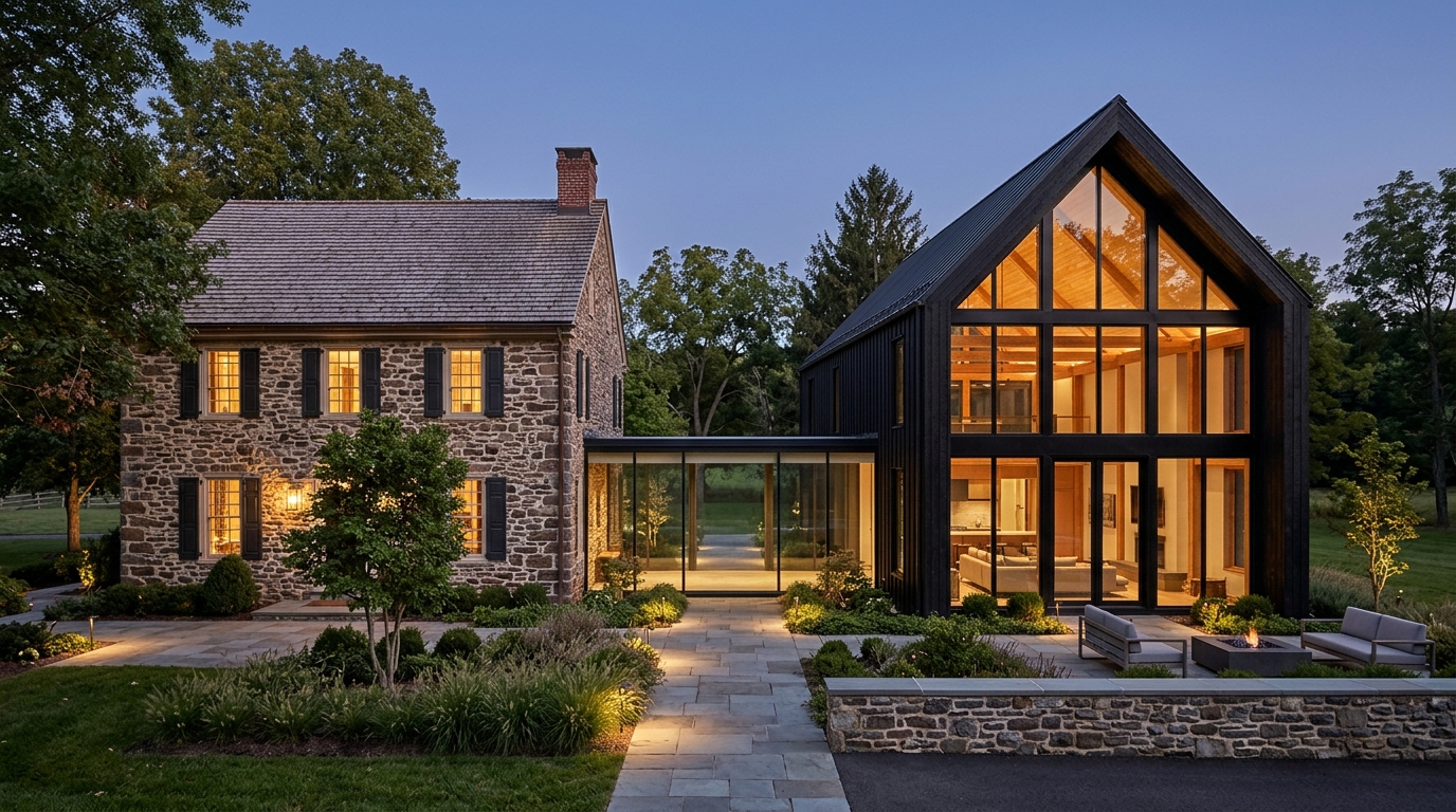 Historic Pennsylvania stone farmhouse connected via glass breezeway to modern dark timber and glass pavilion