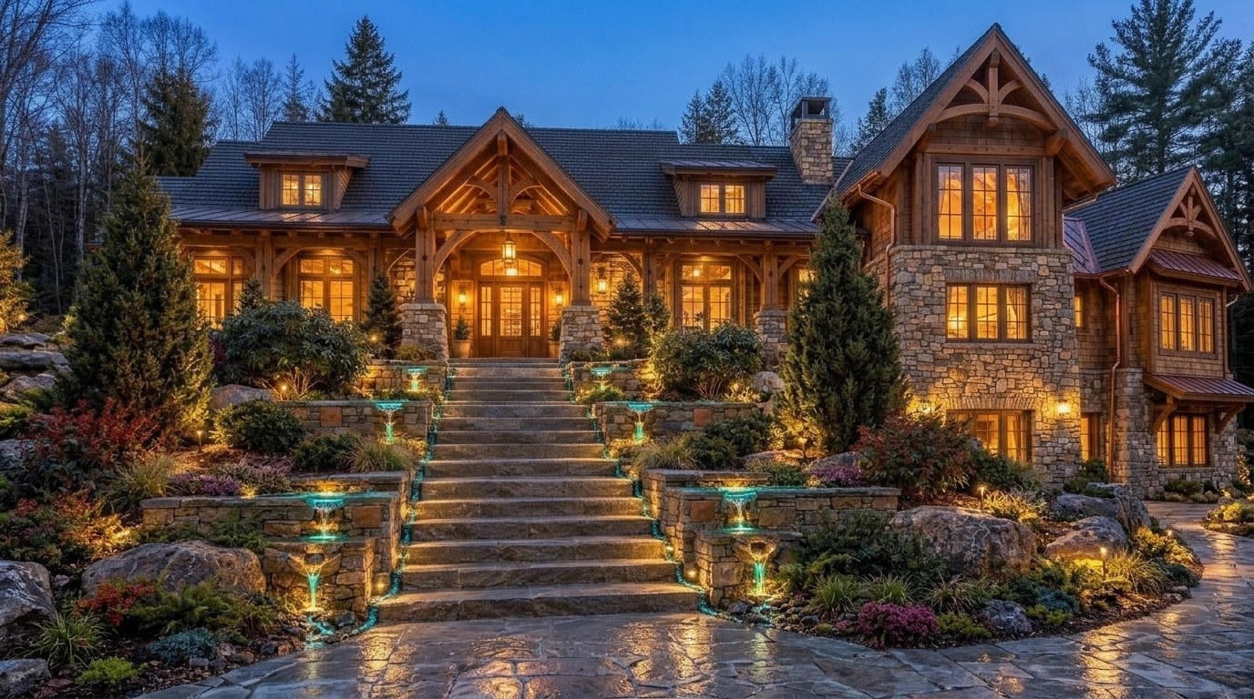 The Ridgeline Residence front elevation at dusk with Douglas fir timber portico, standing-seam copper dormers, fieldstone foundation and bluestone steps