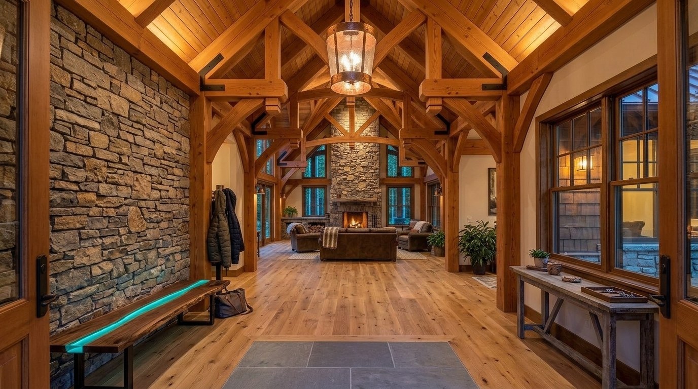Two-storey timber-framed foyer with a live-edge walnut bench, fieldstone wall and copper lantern, looking through to the great room
