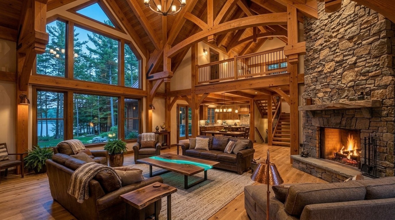 Vaulted great room with Douglas fir king-post trusses, floor-to-ceiling fieldstone fireplace and glass gable to the lake