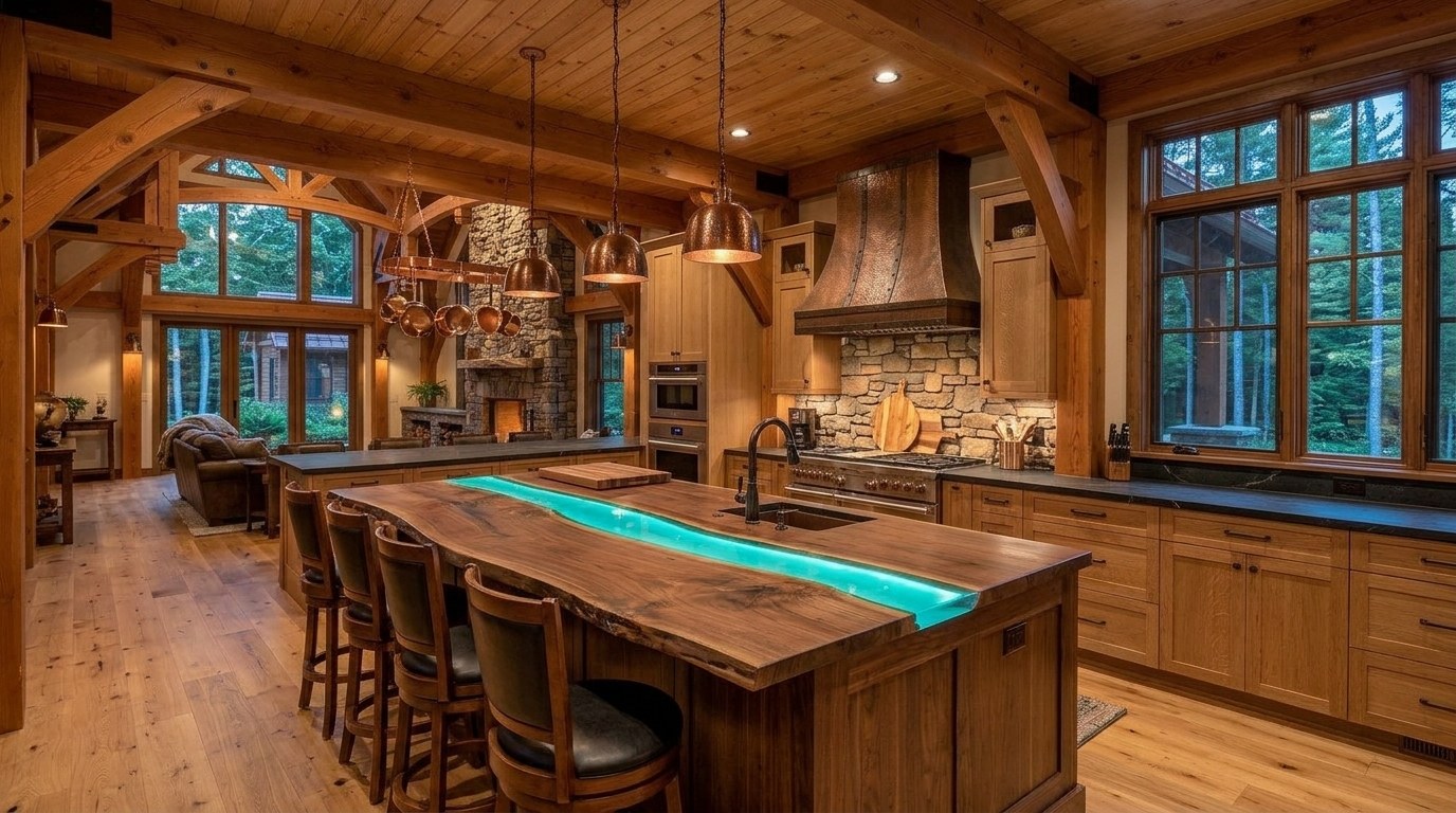 Chef's kitchen with live-edge walnut island