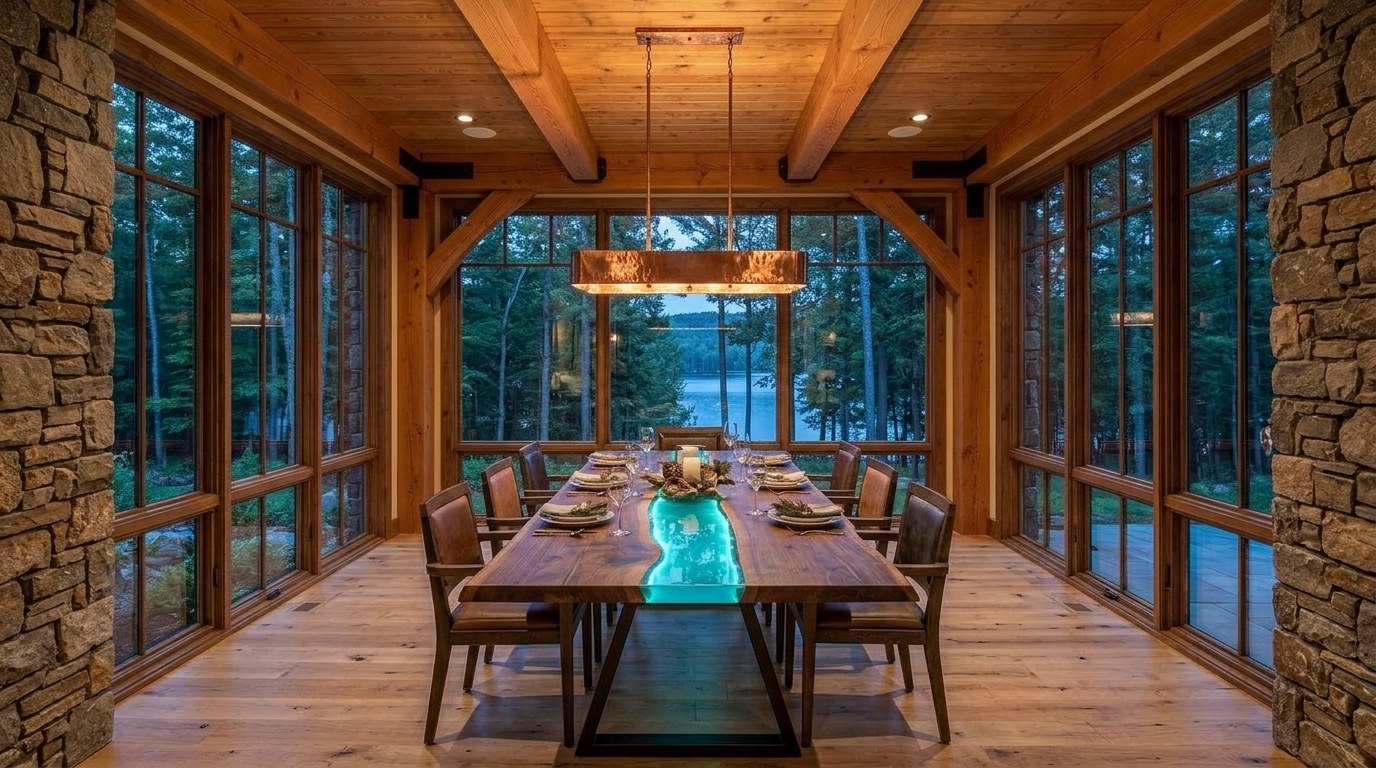 Glass-walled timber dining bump-out with a live-edge walnut river table on a blackened steel base