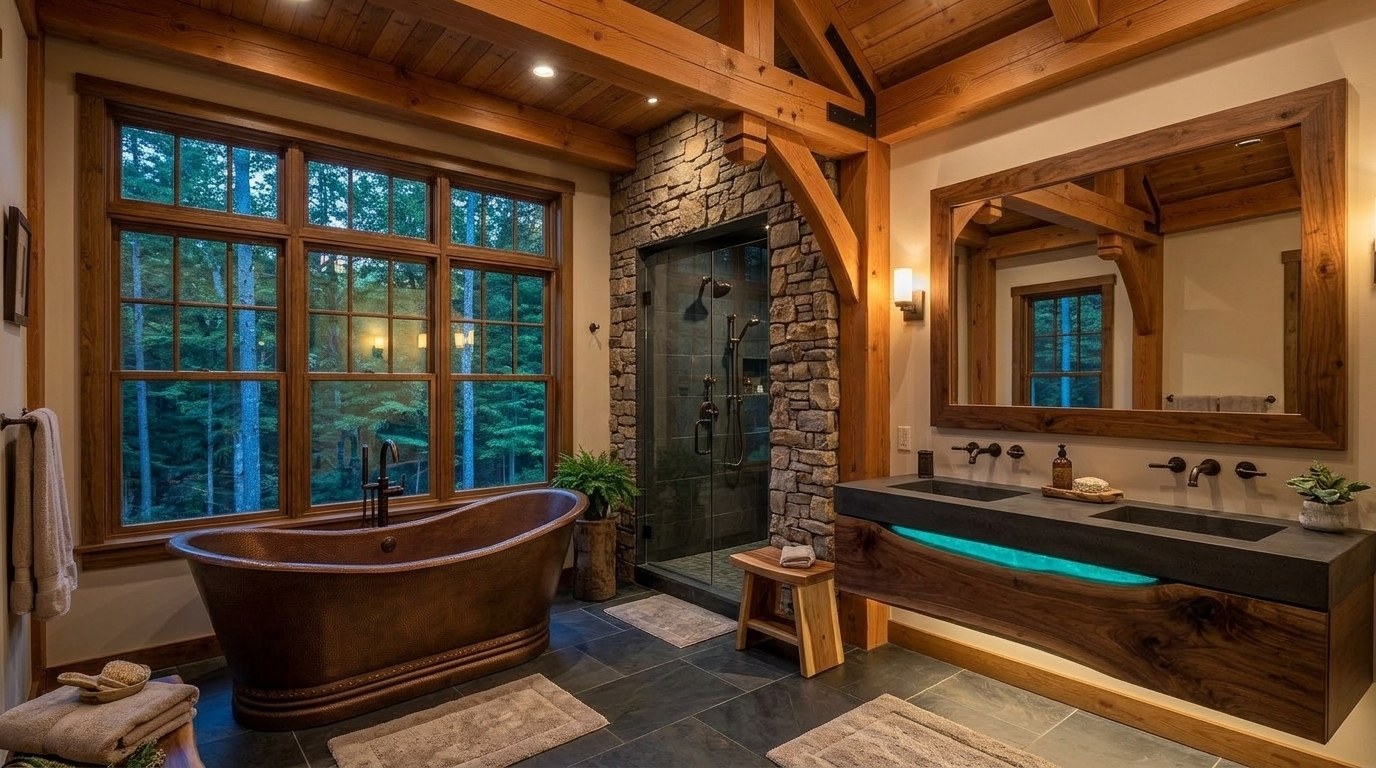 Primary spa bath with cast concrete trench sink on a walnut vanity, copper soaking tub and heated slate floor