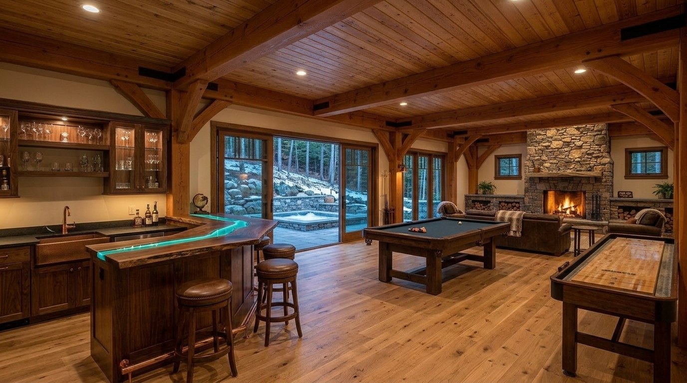 Walk-out lower level lounge with a walnut wet bar, fieldstone fireplace, pool table and doors to the hot tub