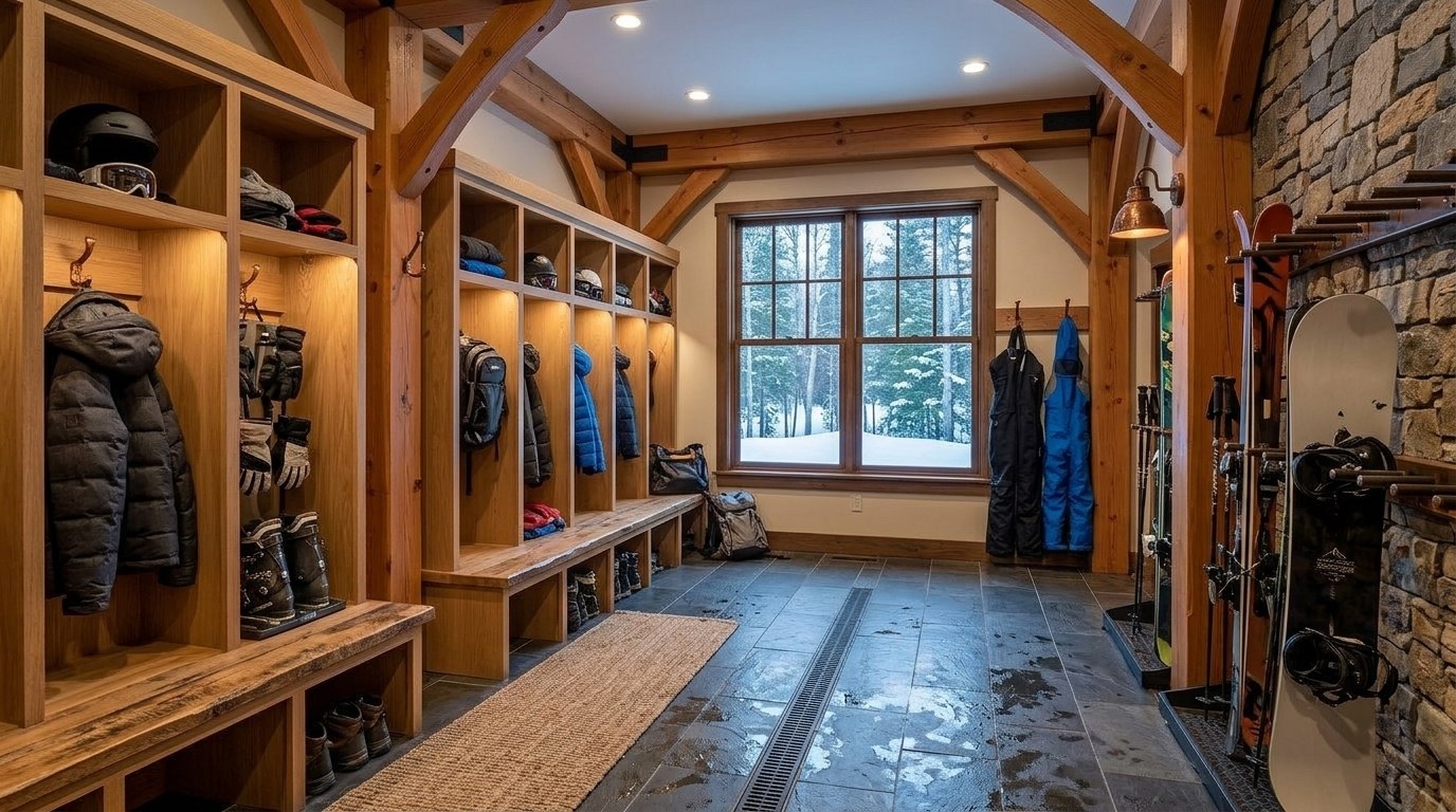 Ski and boot room with white oak lockers, boot dryers, ski racks and a heated slate floor with linear drain