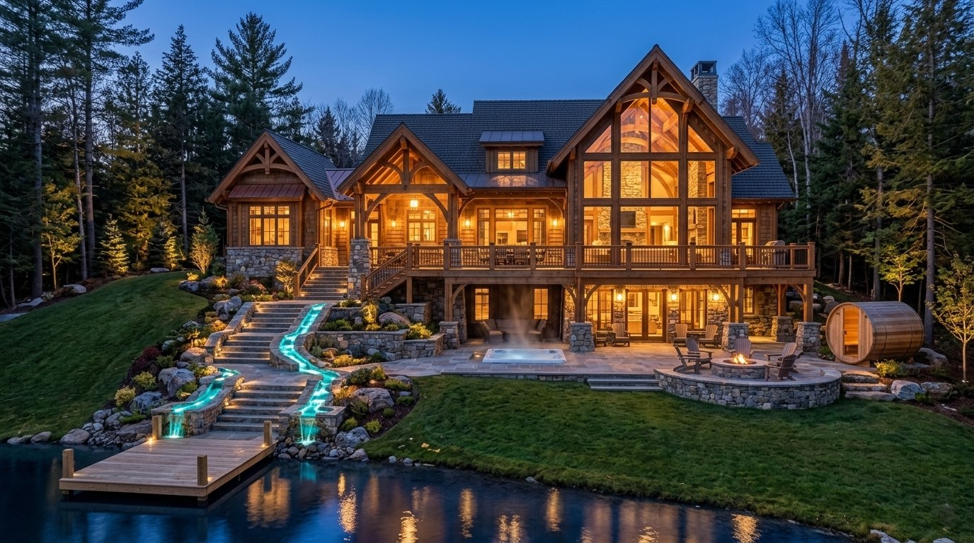 Lake side of the residence at dusk with glass gable, timber decks, hot tub, fire pit, barrel sauna and dock