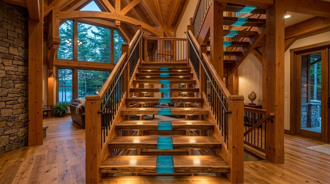 Master architectural board of solid live-edge black walnut and white oak staircase with 100% dead-flush translucent cyan river resin, coped safety seating, and recessed 2700K step lighting