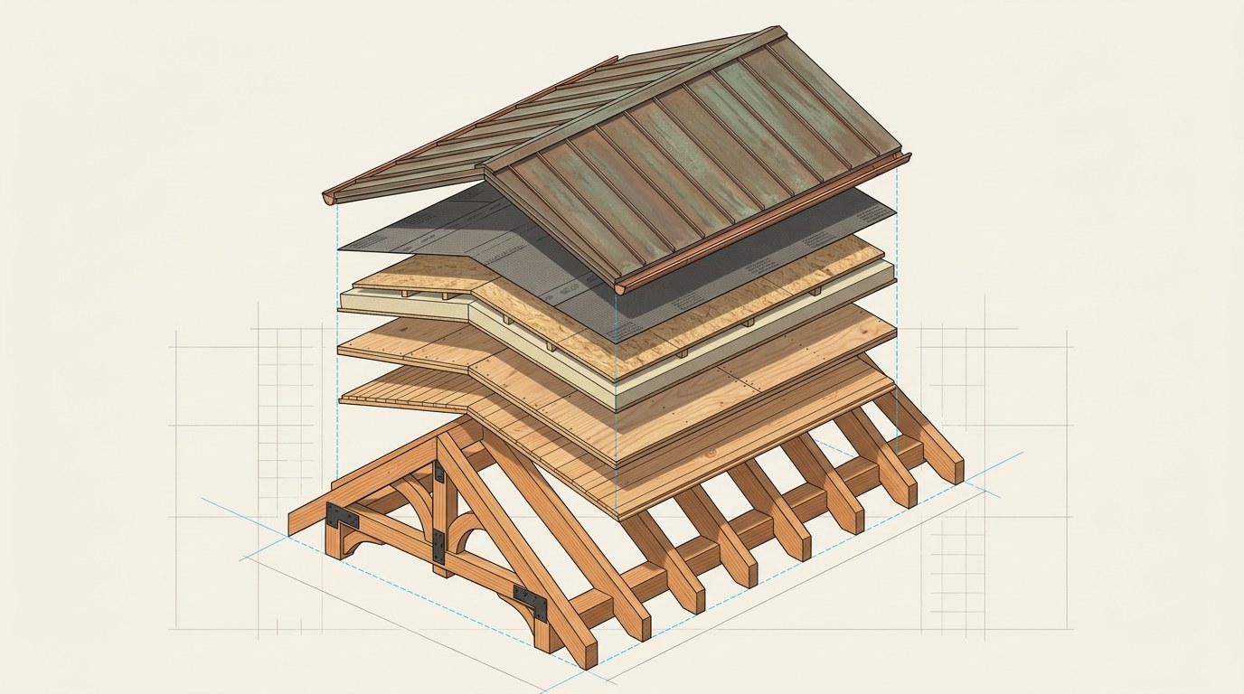 Exploded view of the roof assembly: copper standing-seam panel, ice and water membrane, vented nailbase, plywood deck, pine ceiling and fir truss