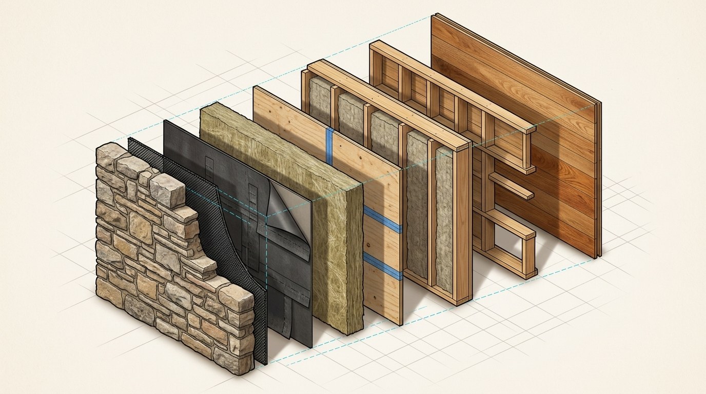 Exploded view of the exterior wall: fieldstone veneer, drainage gap, weather barrier, mineral wool insulation, sheathing, insulated stud wall and oak interior