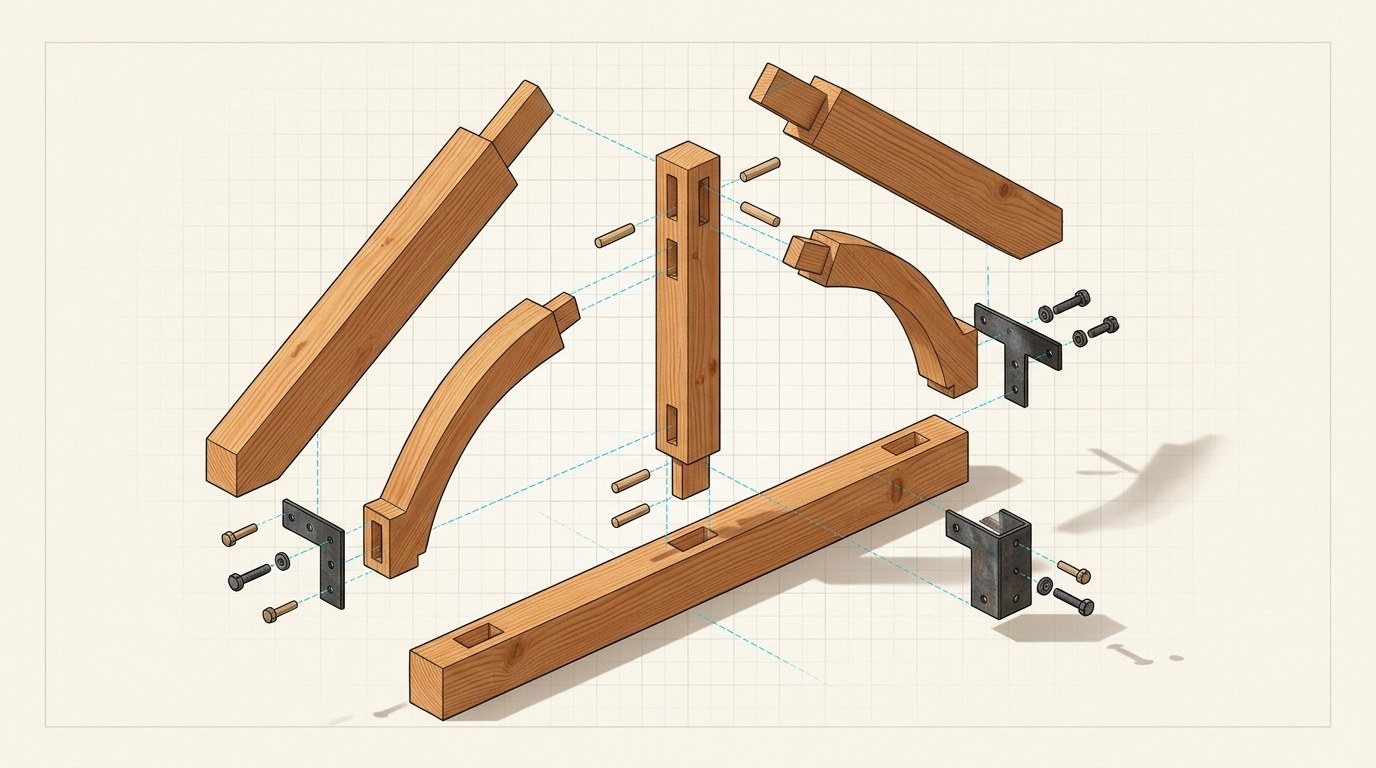 Exploded Douglas fir king-post heavy timber truss connection with concealed half-inch steel knife plate and through-bolts