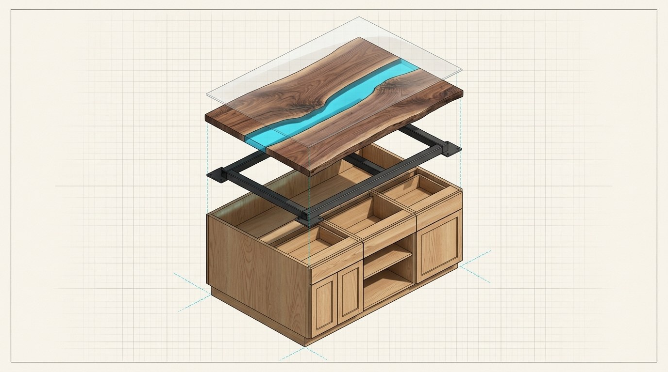 Exploded view of the kitchen island: live-edge walnut slabs, cyan resin river, steel sub-frame, oak cabinets and oil finish