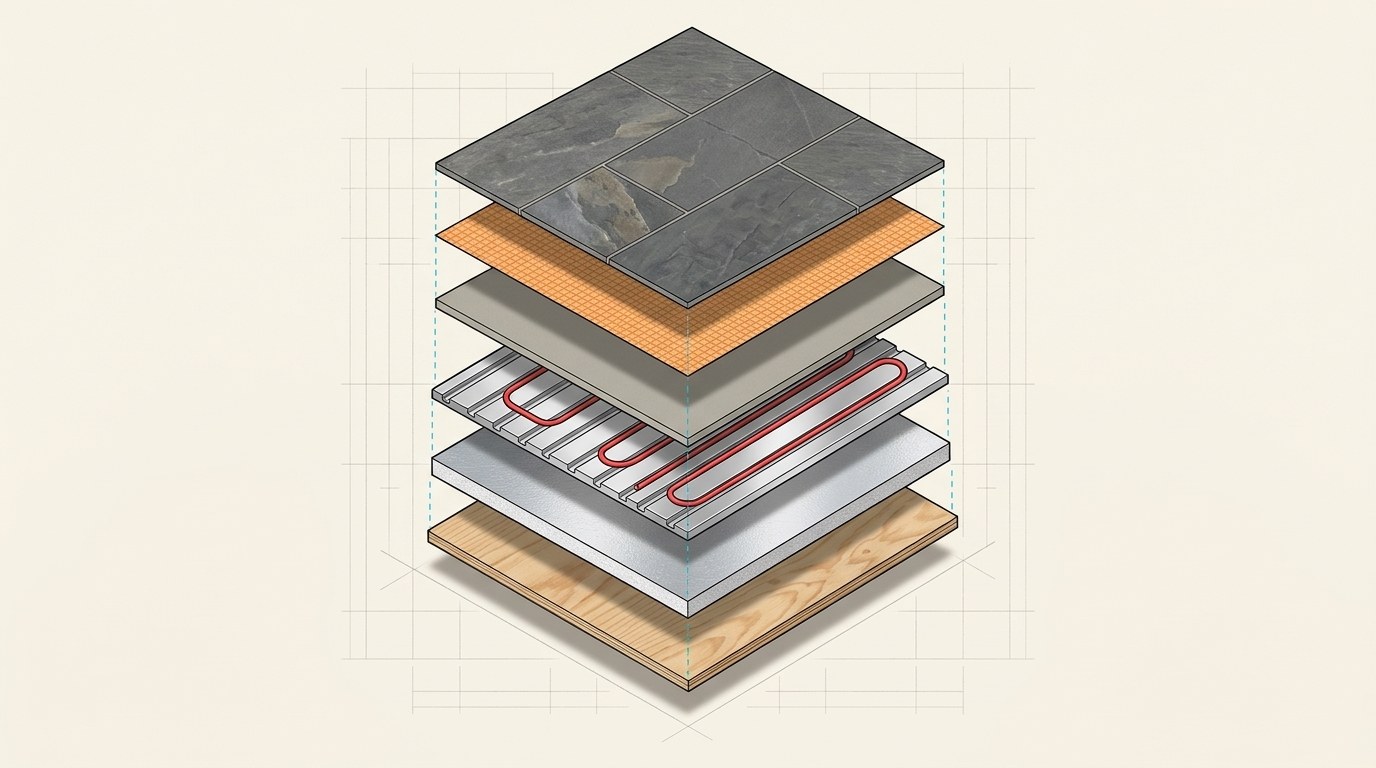 Exploded view of the radiant floor: subfloor, insulation, aluminum plates, PEX tubing, gypsum underlayment, uncoupling membrane and slate tile
