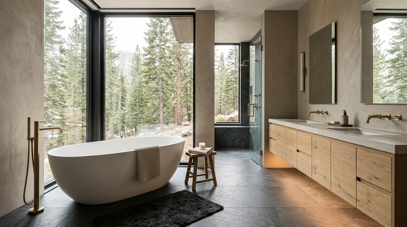 Luxury primary spa bathroom with freestanding matte stone soaking tub overlooking private pine forest